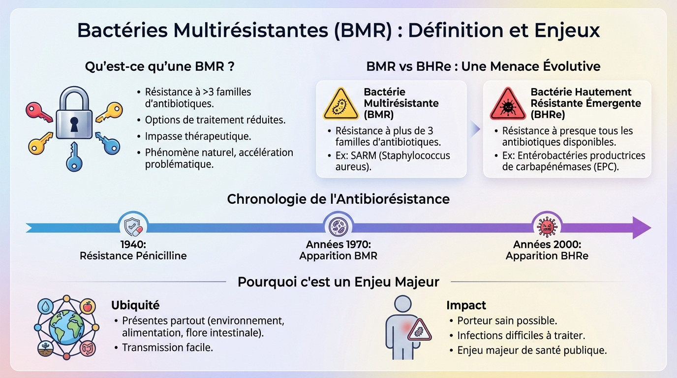 Schéma explicatif d'une bactérie multirésistante face aux antibiotiques