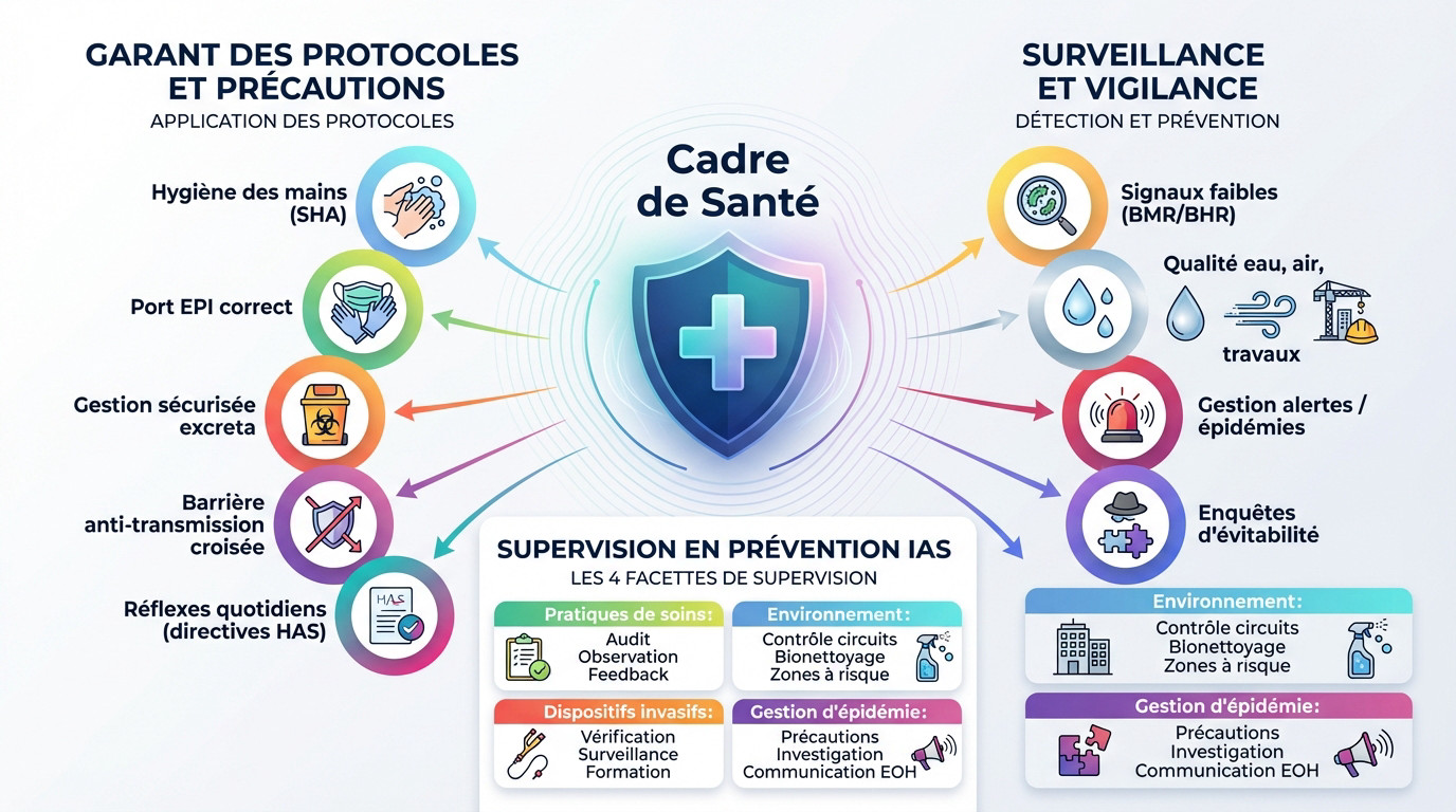 Cadre de santé supervisant l'hygiène des mains et les protocoles de soins pour prévenir les infections associées aux soins