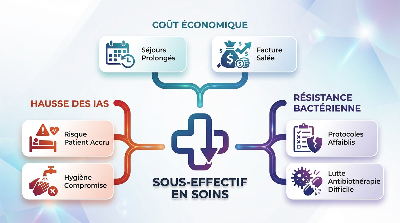 Infirmière surchargée illustrant l'impact du sous-effectif sur la sécurité des soins et les risques d'infection