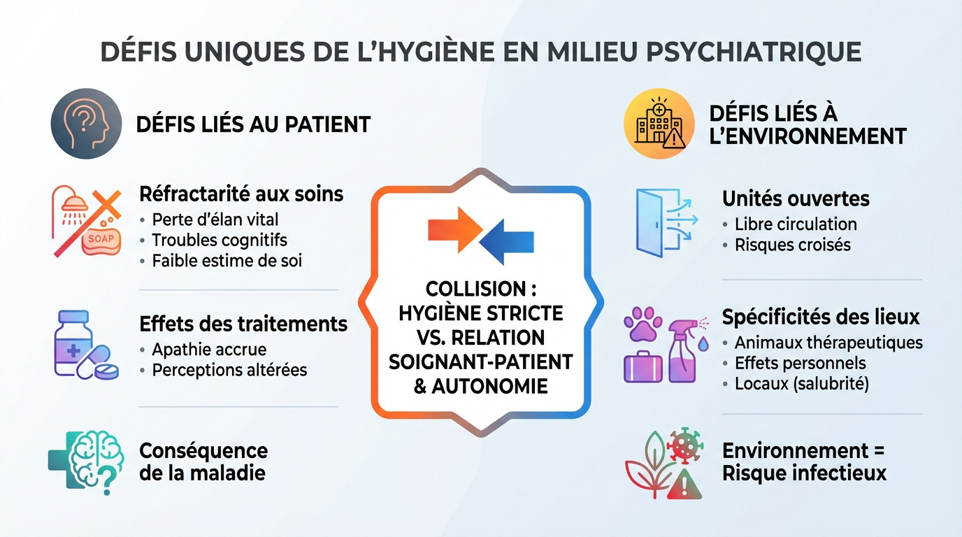 Patient en milieu psychiatrique face aux défis de l'hygiène quotidienne et de l'environnement hospitalier