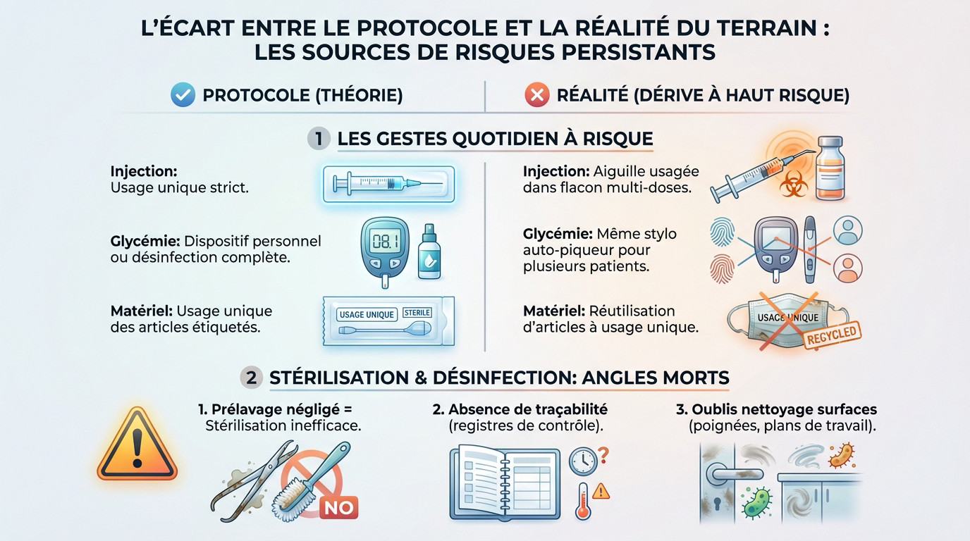 Comparaison visuelle entre un protocole d'hygiène strict et la réalité des pratiques à risque en milieu hospitalier