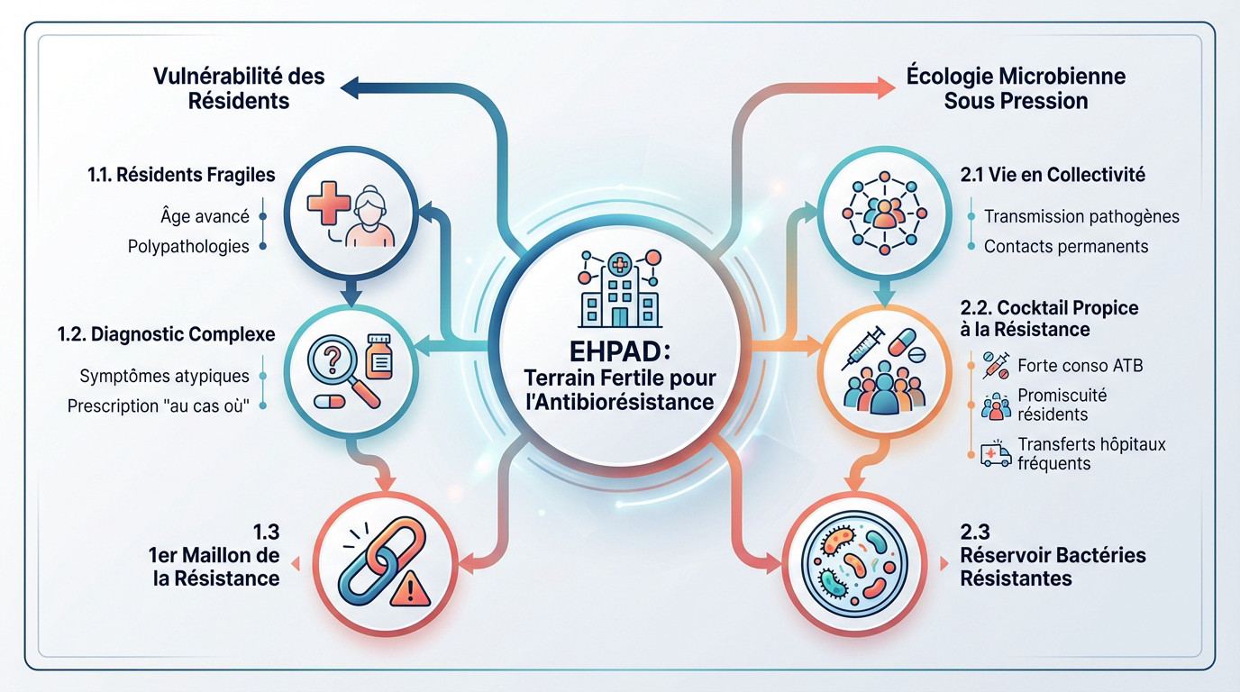 Personne âgée en EHPAD recevant des soins, illustrant la vulnérabilité face à l'antibiorésistance