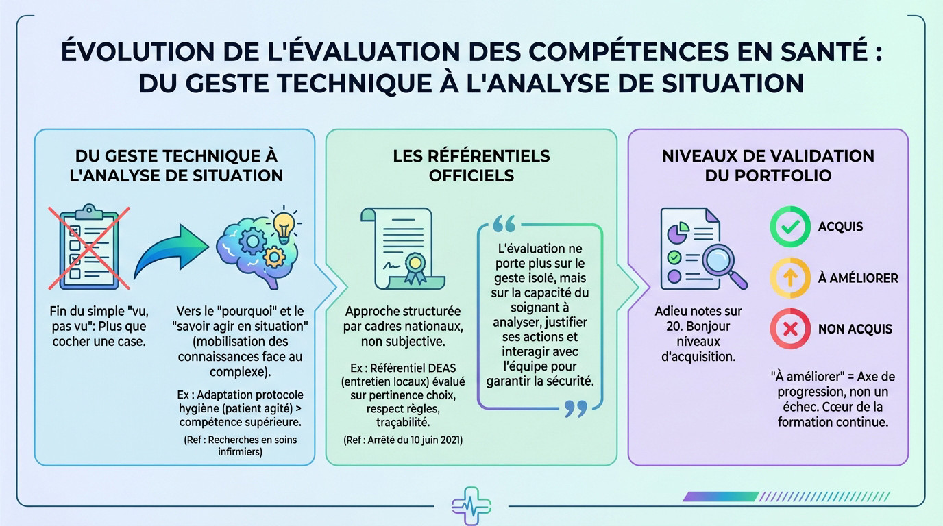 Infographie montrant l'évolution de l'évaluation des compétences en santé, passant du contrôle des tâches à l'analyse de situation