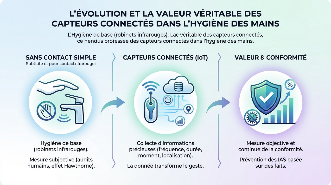 Schéma illustrant l'évolution des technologies d'hygiène des mains, du simple robinet manuel aux systèmes de capteurs connectés IoT collectant des données.