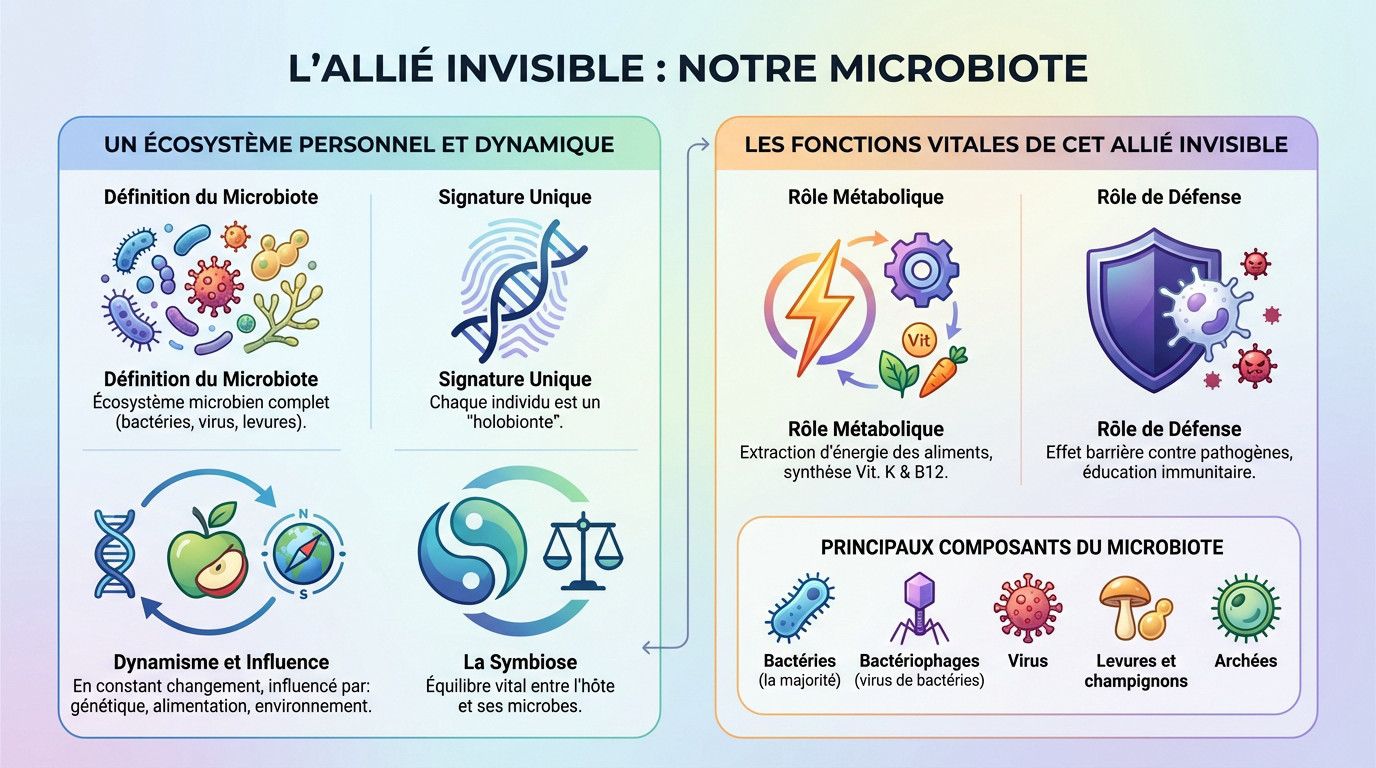 Représentation artistique de l'écosystème microbien humain et sa diversité