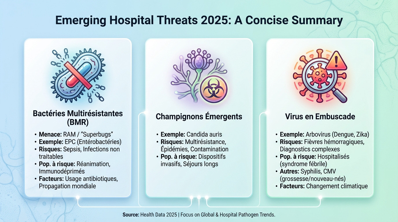 Visualisation des menaces pathogènes émergentes en milieu hospitalier pour 2025 : bactéries multirésistantes et virus