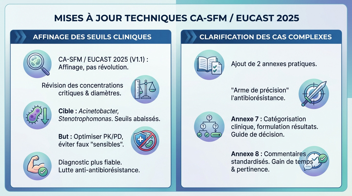 Tableau de bord des mises à jour techniques CA-SFM EUCAST 2025 pour l'antibiogramme