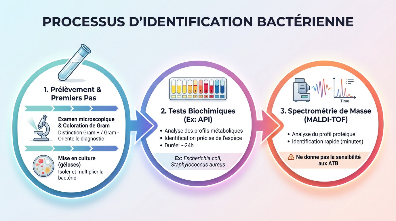 Schéma illustrant le processus d'identification bactérienne en laboratoire, du prélèvement à l'analyse microscopique