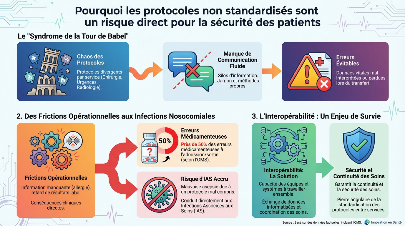 Equipe médicale confrontée à des protocoles non standardisés et risques patients