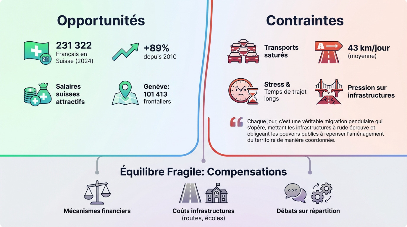Travailleurs frontaliers traversant la frontière franco-suisse, illustrant les flux pendulaires quotidiens et les enjeux de mobilité.
