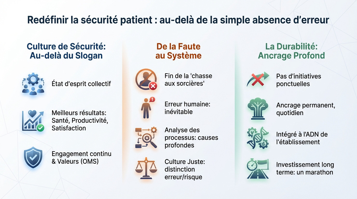 Schéma illustrant l'intégration systémique d'une culture de sécurité patient durable dans un environnement hospitalier