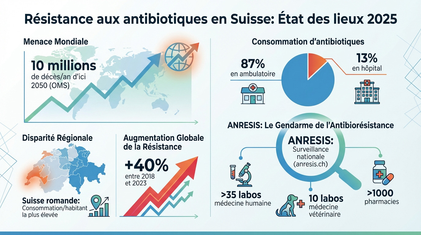 Graphique illustrant la surveillance de l'antibiorésistance en Suisse et l'approche One Health