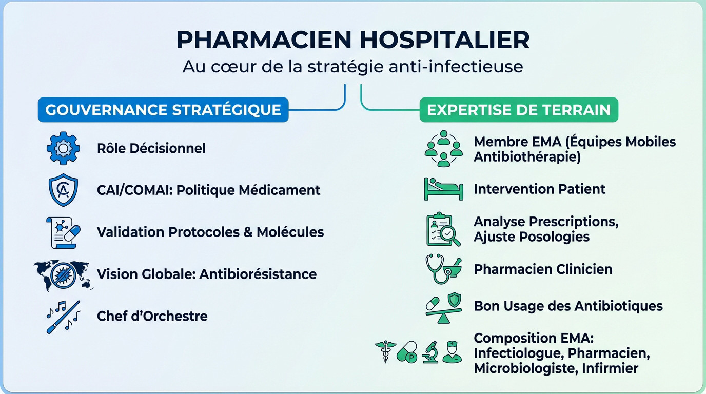 Pharmacien hospitalier analysant un dossier patient au sein d'une équipe multidisciplinaire en antibiothérapie