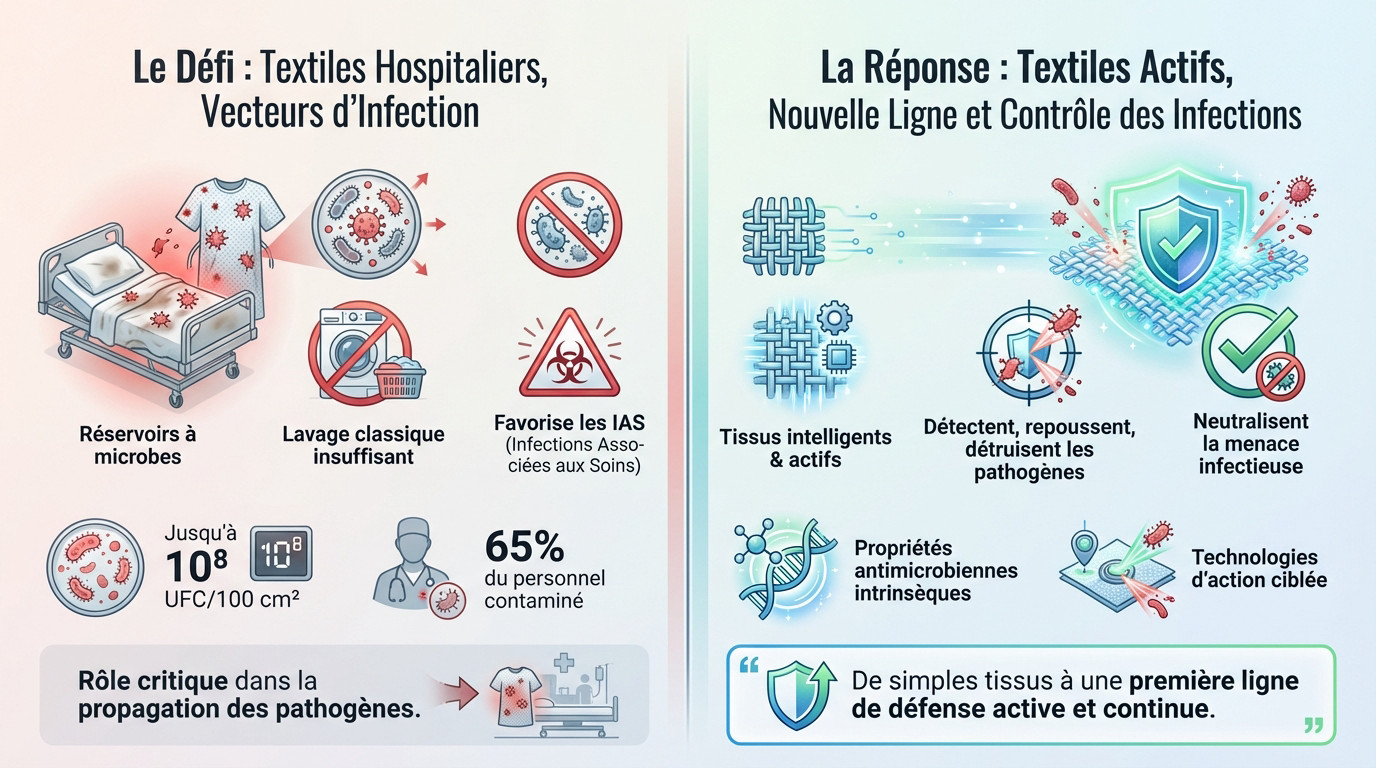Comparaison entre un textile hospitalier standard contaminé et un textile intelligent actif repoussant les microbes
