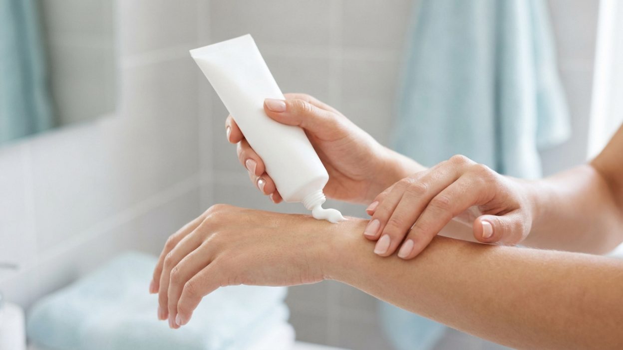 Gros plan sur des mains appliquant de la crème anesthésiante d'un tube blanc sur la peau d'un avant-bras dans une salle de bain.