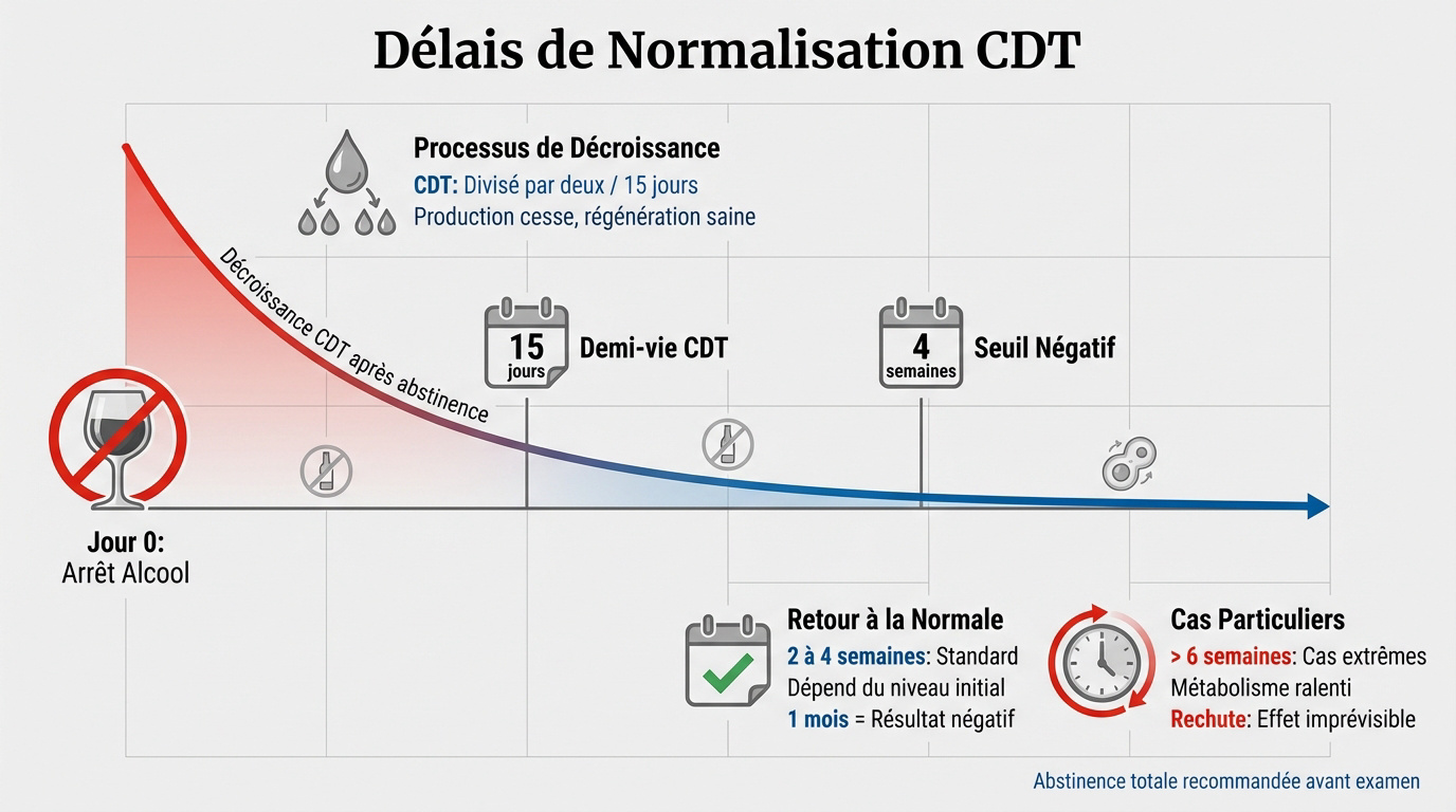 Graphique temporel de la baisse du taux de CDT après sevrage alcoolique