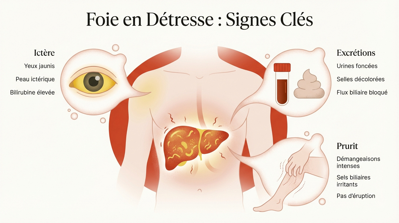Illustration des signes cliniques d'un foie malade et en souffrance