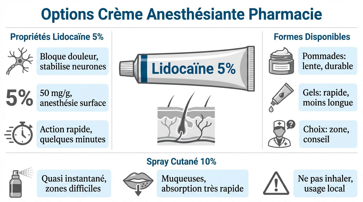 Différentes formes de crèmes et sprays anesthésiants disponibles en pharmacie