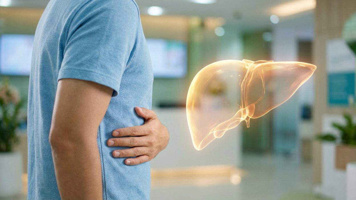 Homme tenant son côté droit près d'une visualisation 3D lumineuse du foie, suggérant une douleur ou un problème hépatique.