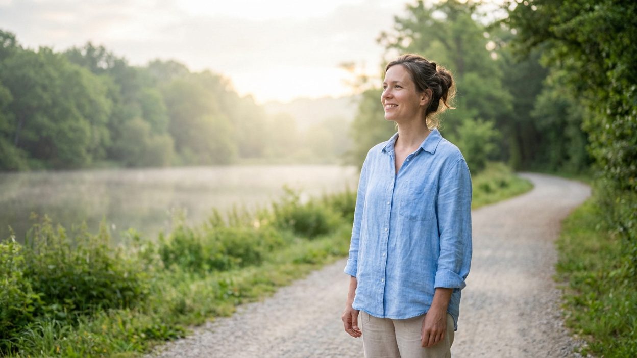 Une femme souriante, en chemise bleue, sur un chemin près d'un lac brumeux entouré de verdure, sous une lumière douce.