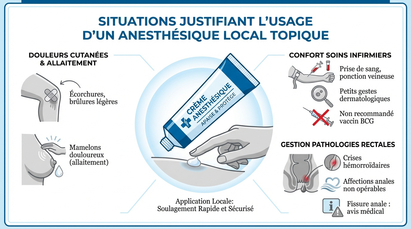 Application d'une crème anesthésiante locale sur la peau pour soulager la douleur